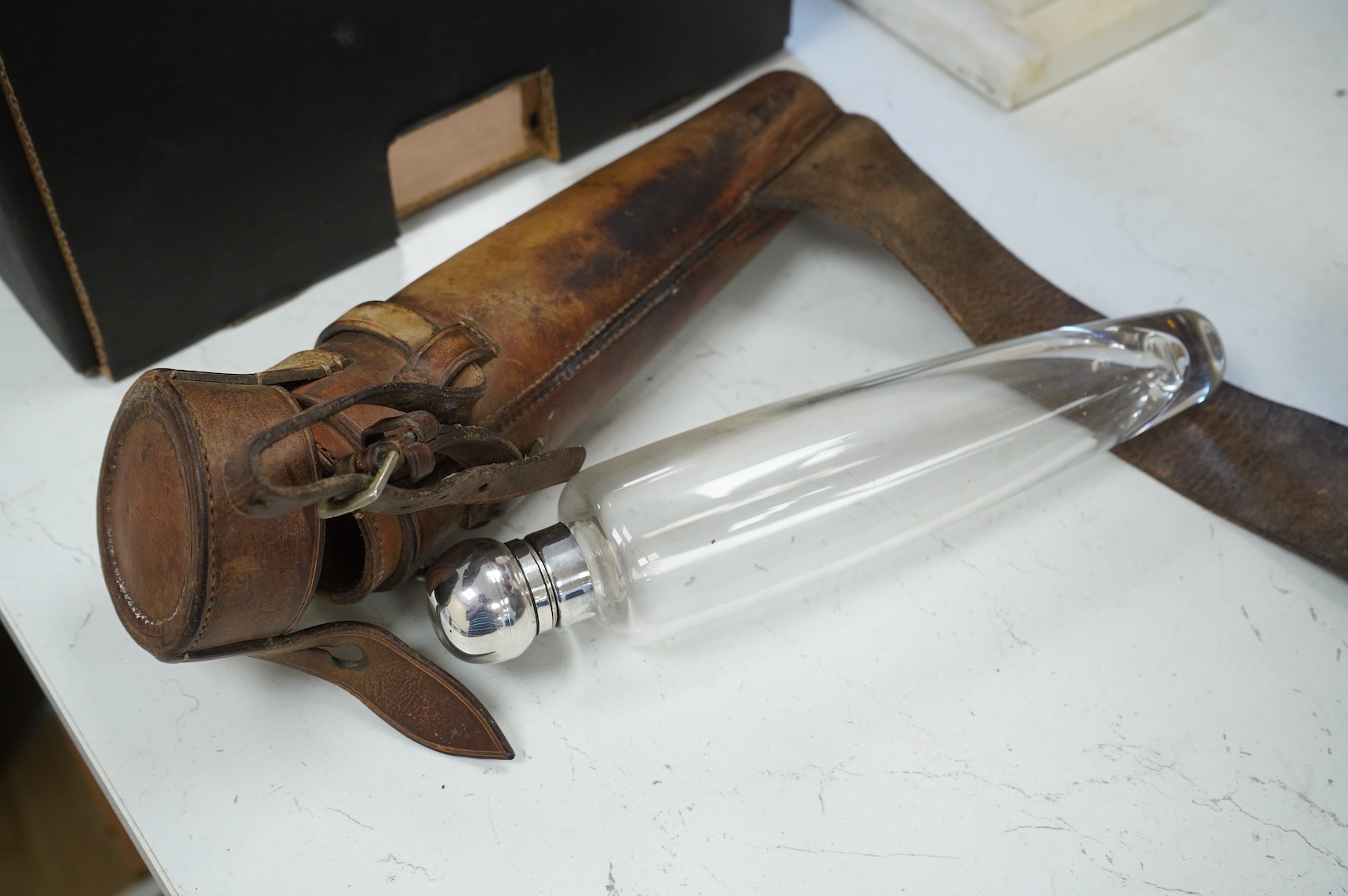 Two leather-cased spirit flasks and graduated set of brass weights